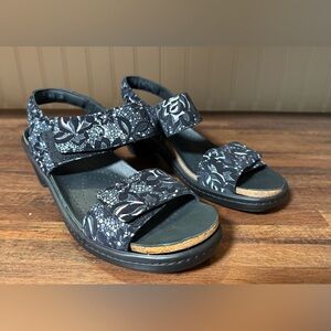 Fidelio Fidella Black Floral Hook & Loop Closure Heel Sandal Size 38 US 7.5
